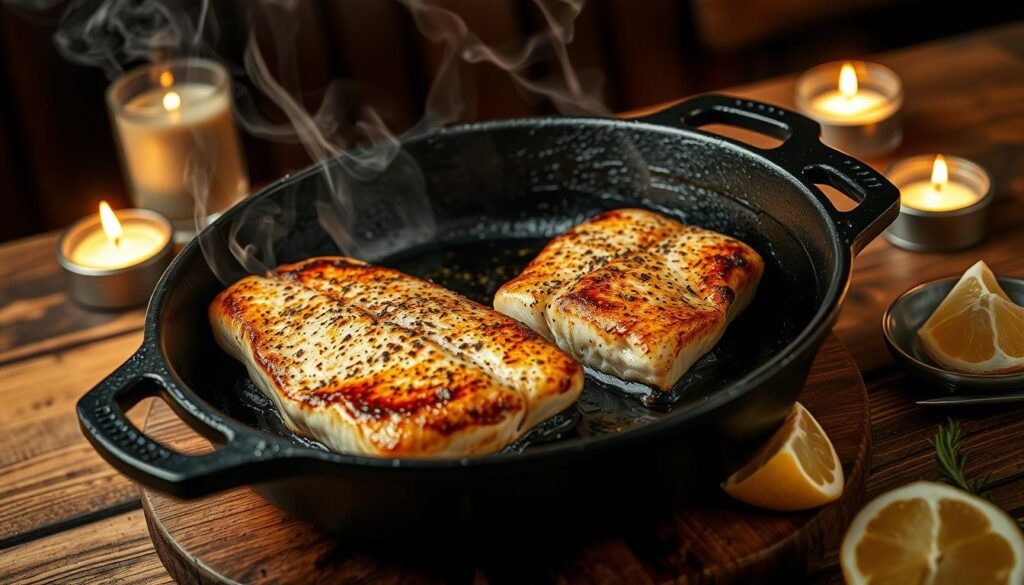 A sizzling cast-iron skillet sits atop a rustic wooden table, its surface charred and blackened from the intense heat. Flaky, moist fillets of fresh fish rest within, their edges caramelized to a deep, smoky hue. Wisps of fragrant steam rise, hinting at the bold, complex flavors of the blackening spice blend that has been meticulously applied. Flickering candles cast a warm, intimate glow, while a scattering of fresh herbs and lemon wedges promise to add vibrant pops of color and acidity to this mouthwatering culinary display.
