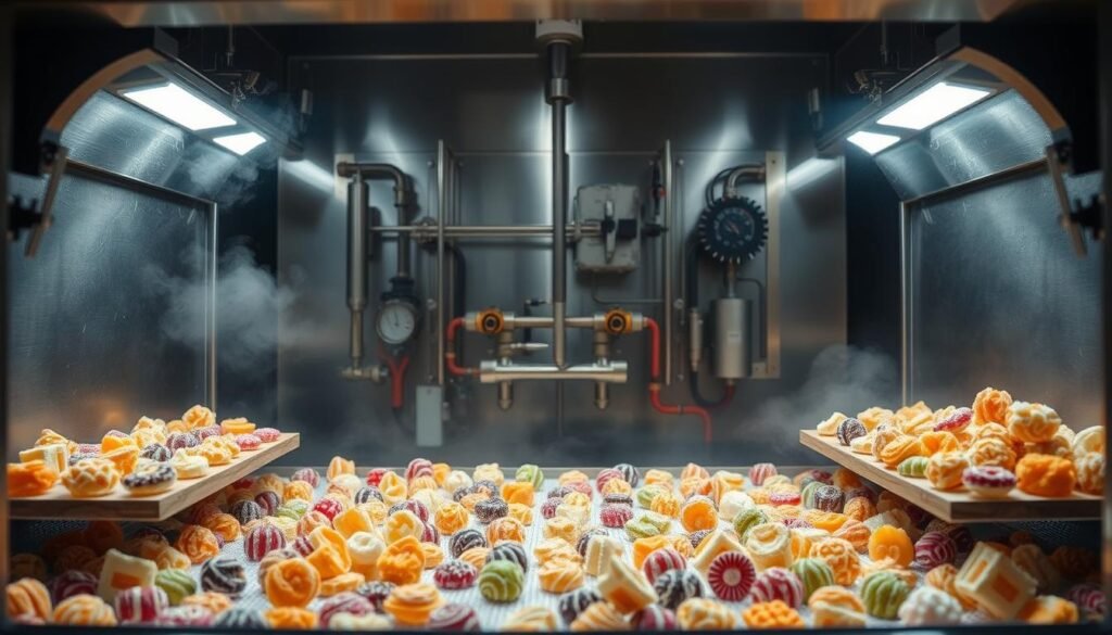 A stainless steel chamber filled with carefully arranged freeze-dried candy specimens, illuminated by soft, diffused lighting. In the foreground, an array of candy pieces in various stages of the drying process, their vibrant colors and intricate textures on full display. The middle ground features a complex system of tubes, valves, and gauges, hinting at the technical nature of the freeze-drying procedure. The background is shrouded in a mist-like haze, creating a sense of mystery and scientific wonder. The overall composition conveys the precision and attention to detail inherent in the freeze-drying of confections, setting the stage for a deeper exploration of this preservation technique.