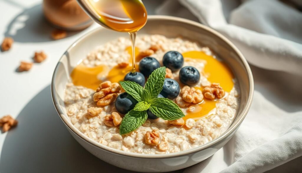 A steaming bowl of freshly cooked steel-cut oats, drizzled with golden honey and sprinkled with plump blueberries and crunchy walnuts. The warm, earthy tones of the oats are complemented by the vibrant pops of color from the fruit and nuts. Soft natural lighting illuminates the scene, casting a soothing glow and highlighting the nourishing textures. The composition is clean and minimalist, drawing the viewer's attention to the wholesome ingredients that fuel the body with sustained energy. A sprig of fresh mint adds a touch of fragrance and visual interest, completing the appetizing and wholesome display.