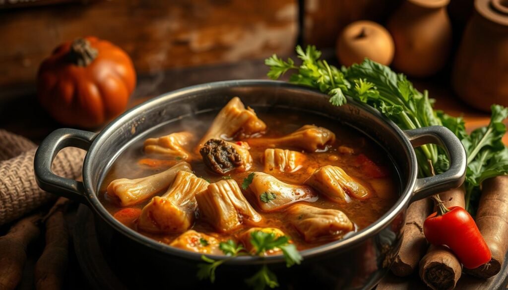 A steaming pot of traditional cow feet stew, set against a rustic kitchen backdrop. The meaty chunks of tender cow feet simmer in a rich, aromatic broth, infused with fragrant herbs and spices. Alongside, a selection of hearty root vegetables and leafy greens add vibrant pops of color. The scene is illuminated by warm, golden lighting, casting a cozy, inviting glow. The overall mood is one of comfort, nourishment, and the enduring allure of wholesome, homestyle cooking.