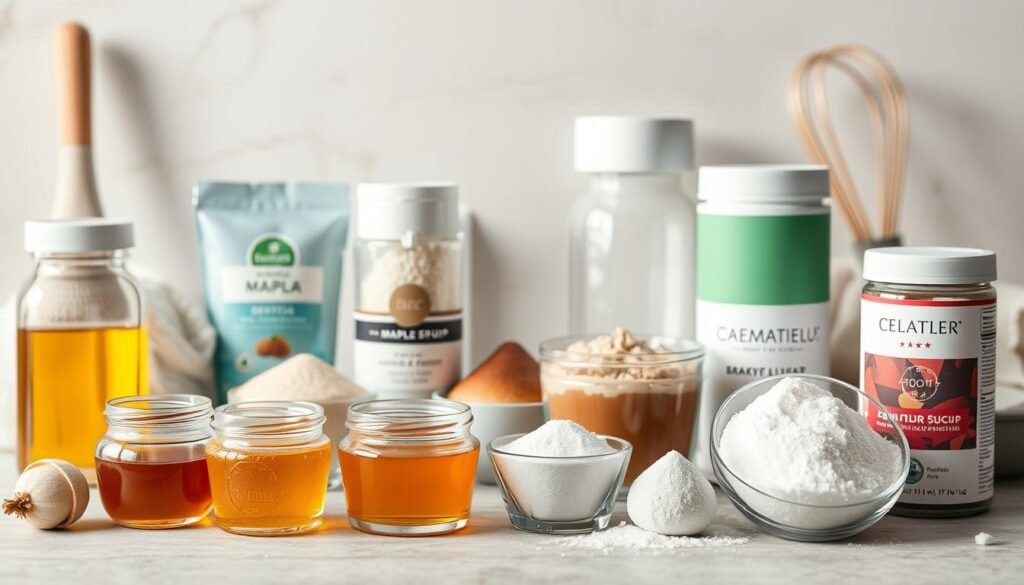 A still life arrangement depicting various sugar alternatives commonly used in baking. In the foreground, a selection of natural sweeteners such as honey, maple syrup, and agave nectar in small glass jars or bowls. In the middle ground, a variety of powdered or granulated sugar alternatives like stevia, erythritol, and monk fruit sweetener in sleek modern containers. The background features a neutral-toned backdrop, perhaps a marble or wood surface, with a few baking tools like a whisk or spatula to reinforce the baking theme. The lighting is soft and warm, creating a cozy, inviting atmosphere. The overall composition is clean, minimalist, and visually appealing, highlighting the diverse range of healthy sugar substitutes available for use in baking.