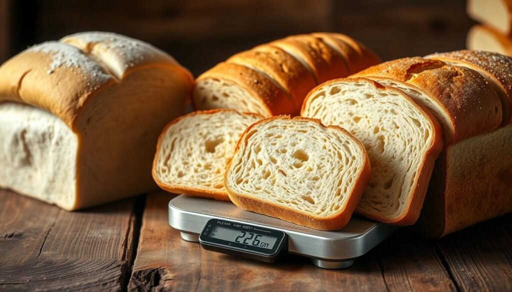 A still life arrangement showcasing various weights of sliced bread on a rustic wooden surface. Soft, airy loaves of white, wheat, and rye breads in different thicknesses and shapes are displayed, casting soft shadows under warm, directional lighting. The foreground features a digital scale measuring the precise grams of each slice, while the background blurs to emphasize the central focus on understanding the nuances of bread weight. The overall mood is informative yet visually appealing, inviting the viewer to explore the intricacies of this everyday food item.