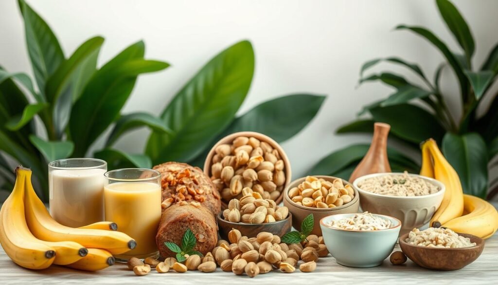 A still life composition showcasing a variety of banana and groundnut-based recipes for weight management. In the foreground, a variety of banana dishes including banana smoothie, banana bread, and banana oatmeal. In the middle ground, assorted groundnut preparations such as roasted groundnuts, groundnut soup, and groundnut paste. The background features lush green leaves and minimal, nature-inspired accents, creating a calming, healthy atmosphere. Soft, natural lighting illuminates the scene, emphasizing the vibrant colors and textures of the ingredients. The overall mood is one of nourishment, simplicity, and balance, reflecting the benefits of incorporating these wholesome foods into a weight-loss diet.