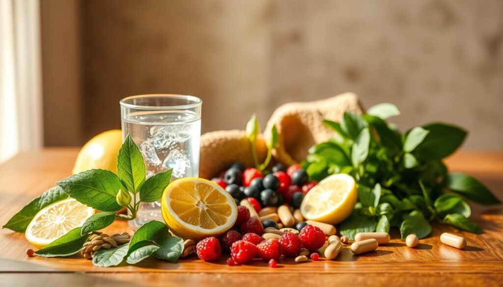 A still life scene of natural weight management ingredients arranged on a wooden table, bathed in warm, natural lighting. In the foreground, vibrant green leaves, sliced lemon wedges, and a glass of clear liquid, symbolizing hydration. In the middle ground, a sprinkling of colorful berries, a handful of nuts, and a few capsules, representing essential nutrients. In the background, a neutral-toned backdrop, allowing the ingredients to take center stage. The composition is balanced, with a focus on simplicity and purity, conveying the concept of a "Mounjaro Recipe" for effective weight management.