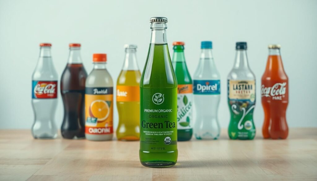 A still life scene showcasing various bottled beverages against a clean, minimalist backdrop. In the foreground, a glass bottle of premium organic green tea stands prominently, its vibrant green liquid and sleek label design capturing the eye. Surrounding it are other common bottled drinks like cola, sports drinks, and juices, each with their own distinct packaging and colors. The middle ground features a simple wooden surface, allowing the bottles to be the focal point. The lighting is soft and diffused, creating an atmospheric, contemplative mood. The composition is balanced and symmetrical, inviting the viewer to closely examine and compare the different beverages. This image aims to highlight the unique characteristics of bottled green tea and how it differs from other mass-produced, sugary drinks.