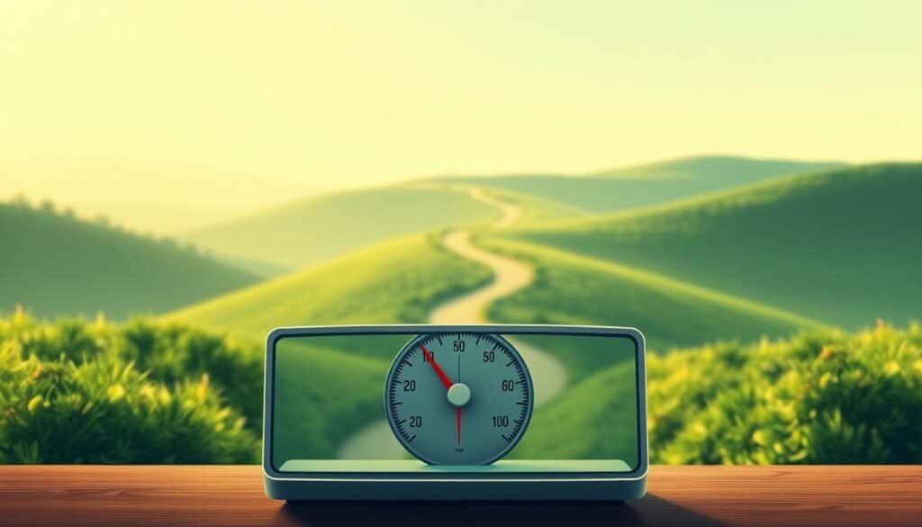 A stunning illustration of a transformative weight loss journey. In the foreground, a sleek, minimalist set of scales, its needle hovering between two distinct measurements - one representing the starting point, the other a lower, more vibrant number, symbolizing the goal. The background features a lush, verdant landscape, with a winding path leading the eye towards a distant horizon, representing the journey ahead. Soft, warm lighting casts a hopeful glow, while the composition is balanced and visually striking, evoking a sense of determination and possibility. The overall mood is one of optimism, progress, and the promise of a healthier, more fulfilling future.