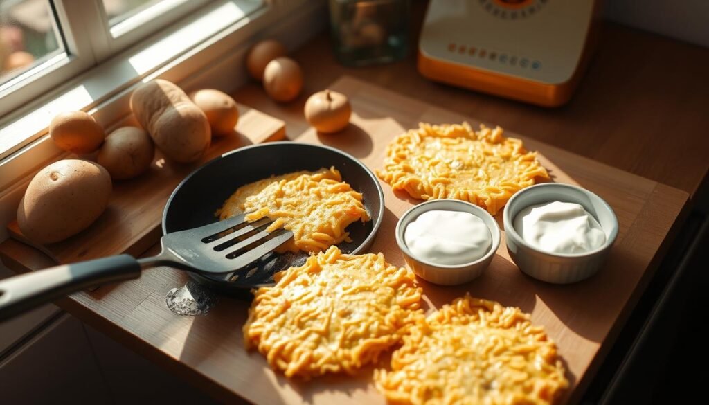 A sunny kitchen counter with a cutting board, fresh potatoes, a skillet sizzling with olive oil, and a spatula ready to flip perfectly golden hashbrowns. Soft lighting from a window illuminates the scene, casting warm shadows. The hashbrowns are crispy on the outside, fluffy on the inside, glistening with a light seasoning. Alongside, a small bowl of sour cream waits to be dolloped on top. This homemade scene evokes the comforting aroma of breakfast and the satisfaction of a wholesome, nutrient-dense meal.