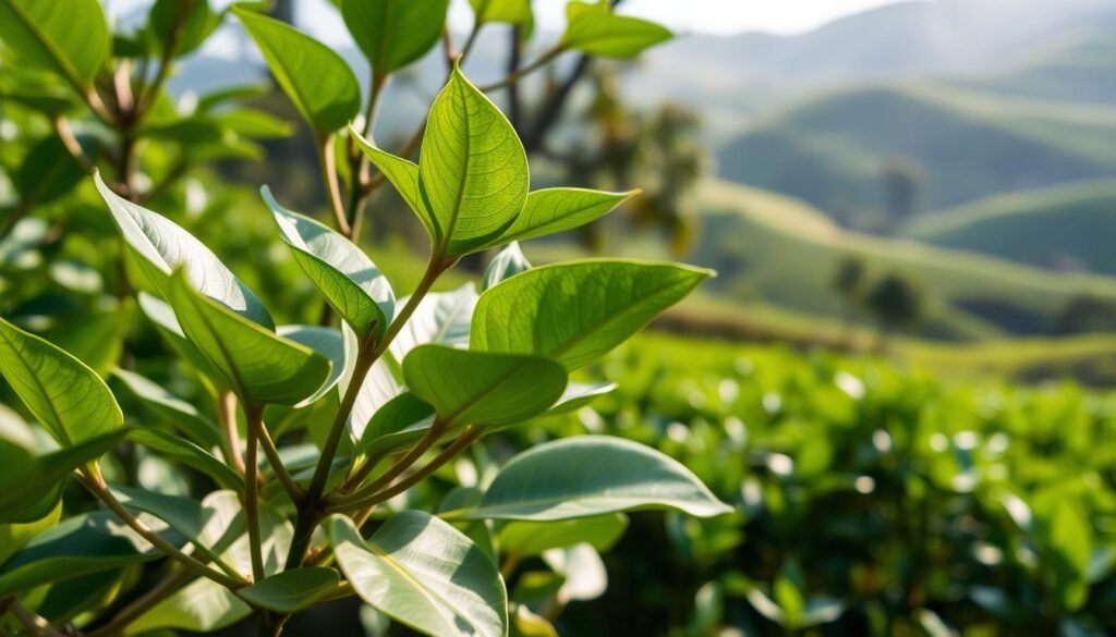 A verdant Camellia sinensis plant, its lush green leaves gently swaying in the soft morning light. The scene is captured from a low angle, showcasing the plant's graceful form and delicate details. In the background, blurred yet discernible, are the rolling hills and lush foliage of a tea plantation, hinting at the origins and cultivation of this revered plant. The image is sharp, crisp, and vibrant, conveying the essence of the Camellia sinensis and its role in the production of decaf green tea.