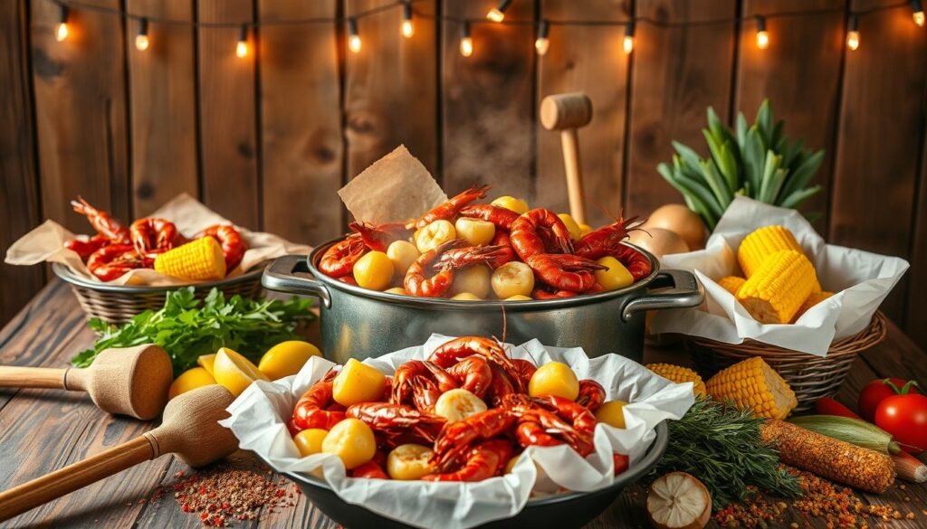 A vibrant Cajun seafood boil scene, set against a rustic wooden table. In the foreground, a steaming pot overflows with shrimp, crawfish, corn, and potatoes, their bold flavors mingling. Surrounding it, a scattering of wooden mallets, lemon wedges, and paper-lined baskets, ready to catch the succulent morsels. In the middle ground, a woven tapestry of Cajun spices, herbs, and seasonings adds depth and complexity. The background evokes a warm, intimate gathering, with string lights casting a gentle glow over the scene, capturing the spirit of this time-honored tradition.