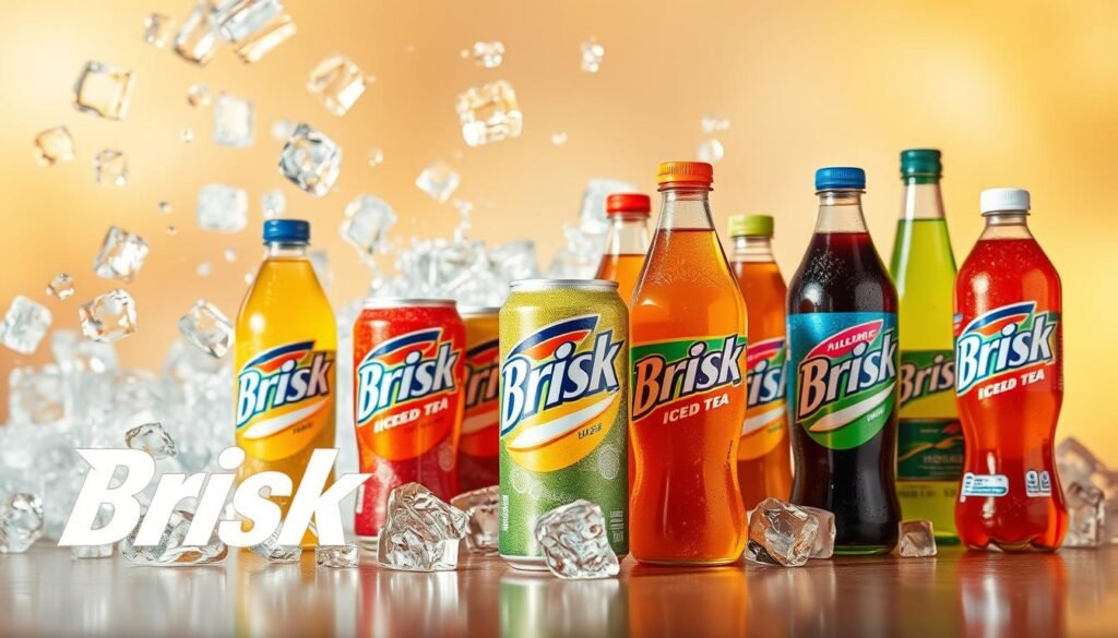 A vibrant and eye-catching scene showcasing the widespread popularity of Brisk Iced Tea. In the foreground, an array of colorful Brisk cans and bottles are prominently displayed, their labels and logos conveying a sense of refreshment and thirst-quenching appeal. The middle ground features a dynamic background of swirling ice cubes, water droplets, and a cool, misty atmosphere, further emphasizing the icy, chilled nature of the beverage. The background is a soft, blurred gradient of warm, golden tones, suggesting the sun-drenched, summertime appeal of Brisk Iced Tea. The overall composition exudes a vibrant, energetic, and visually striking aesthetic that effectively captures the widespread popularity and desirability of this iconic iced tea brand.