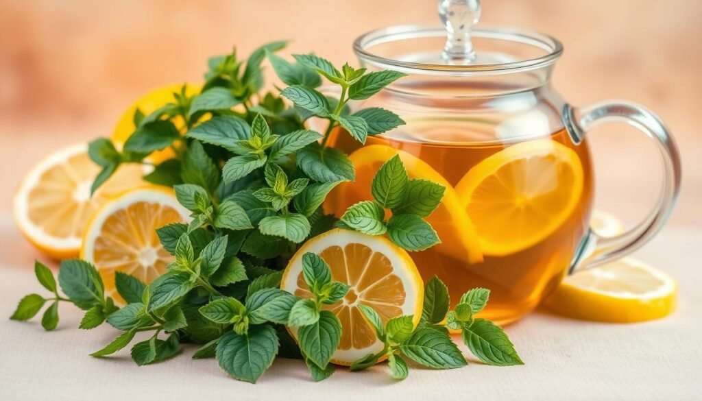 A vibrant arrangement of freshly harvested lemon balm leaves, lemon slices, and a glass teapot filled with steaming, golden-hued liquid, all placed against a soft, natural backdrop. The delicate, fragrant leaves of the lemon balm plant take center stage, their vibrant green hues and serrated edges contrasting beautifully with the bright yellow lemon slices. The glass teapot, with its clean lines and transparent design, allows the viewer to see the clear, amber-colored tea, infused with the essential oils and flavors of the lemon balm. The entire scene is bathed in warm, diffused lighting, creating a calming, inviting atmosphere that evokes the soothing and restorative properties of this herbal tea.