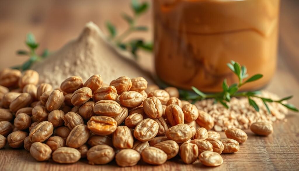A vibrant, close-up photograph of a variety of peanut butter ingredients arranged neatly on a wooden surface. In the foreground, a pile of roasted peanuts, neatly shelled, glistening with a light coating of oil. Behind it, a small mound of pure peanut powder, its fine texture visible. In the middle ground, a glass jar filled with rich, creamy peanut butter, its surface smooth and inviting. In the background, a few sprigs of fresh herbs, adding a touch of natural greenery to the scene. The lighting is soft and warm, creating a cozy, homemade atmosphere. The composition is balanced and visually appealing, highlighting the high-quality, wholesome ingredients that make up this nutritious peanut butter.