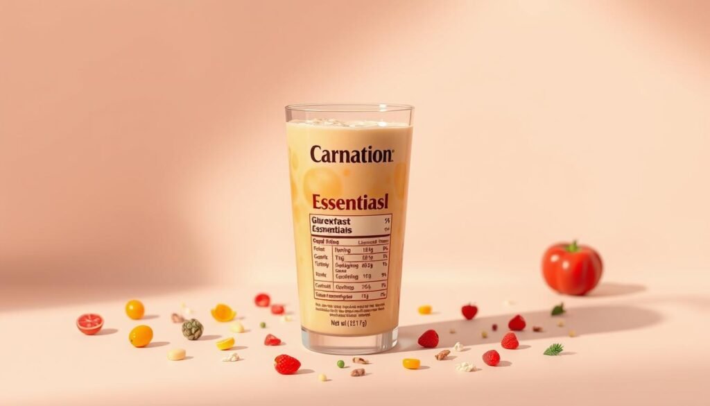 A vibrant, high-resolution digital illustration depicting the nutritional analysis of a Carnation Breakfast Essentials drink. In the foreground, a transparent glass filled with a rich, creamy beverage, surrounded by a scattered array of icons representing essential vitamins, minerals, and macronutrients. The middle ground showcases a clean, modern label design with bold typography, highlighting the key nutritional information. In the background, a soft, minimalist backdrop of muted pastel hues, creating a clean, appetizing atmosphere. Warm, directional lighting casts subtle shadows, emphasizing the refined, professional aesthetic. The overall composition conveys a sense of clarity, health, and balanced nutrition, perfectly suited to introduce the analysis of this popular breakfast drink.