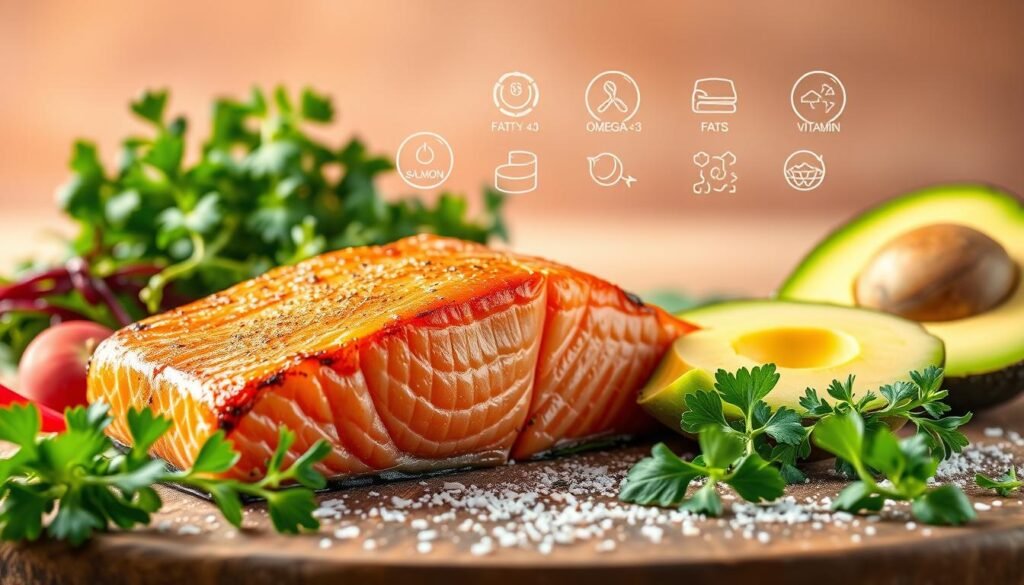 A vibrant, high-resolution image depicting the nutritional benefits of salmon. In the foreground, a succulent salmon fillet with a slight char on the edges, surrounded by a lush arrangement of fresh herbs, leafy greens, and sliced avocado. The middle ground showcases a delicate scattering of omega-3 fatty acids, vitamins, and minerals, represented by elegant icons and illustrations. In the background, a soft, warm-toned gradient provides a serene, appetizing atmosphere, emphasizing the wholesome, nourishing qualities of this superfood. Captured with a shallow depth of field, creating a visually appealing and informative composition.