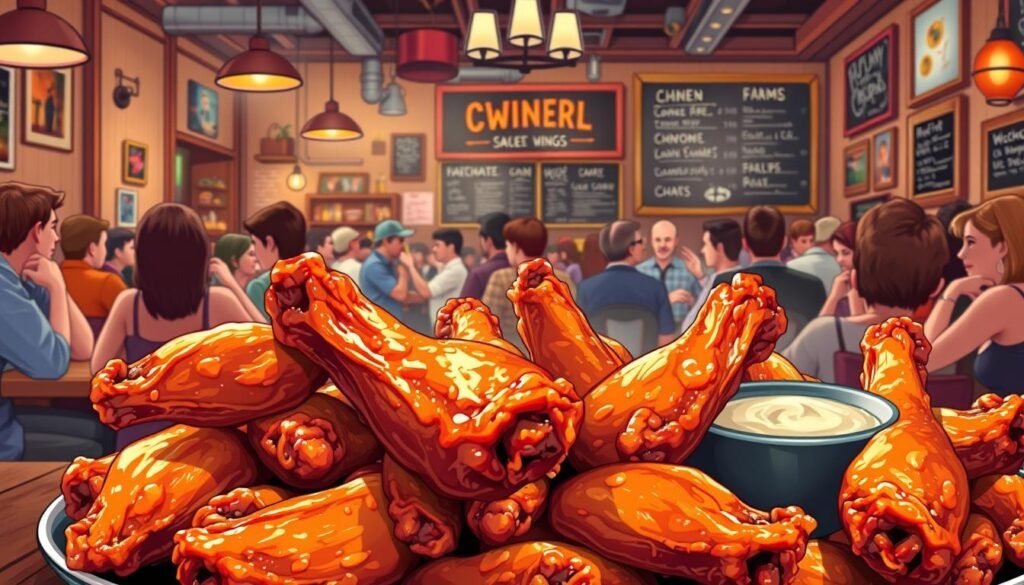 A vibrant illustration of chicken wings at the center of a bustling dining scene. In the foreground, a platter of perfectly smoked, glistening wings, their crispy skin and juicy meat enticing the viewer. In the middle ground, a lively backdrop of restaurant decor - wooden tables, industrial lighting, and a chalkboard menu showcasing the wings' popularity. The background depicts crowds of people eagerly indulging in the savory delights, creating an atmosphere of excitement and social connection. Rendered in a warm, inviting color palette, the scene captures the allure and widespread appeal of these beloved smoked chicken wings.