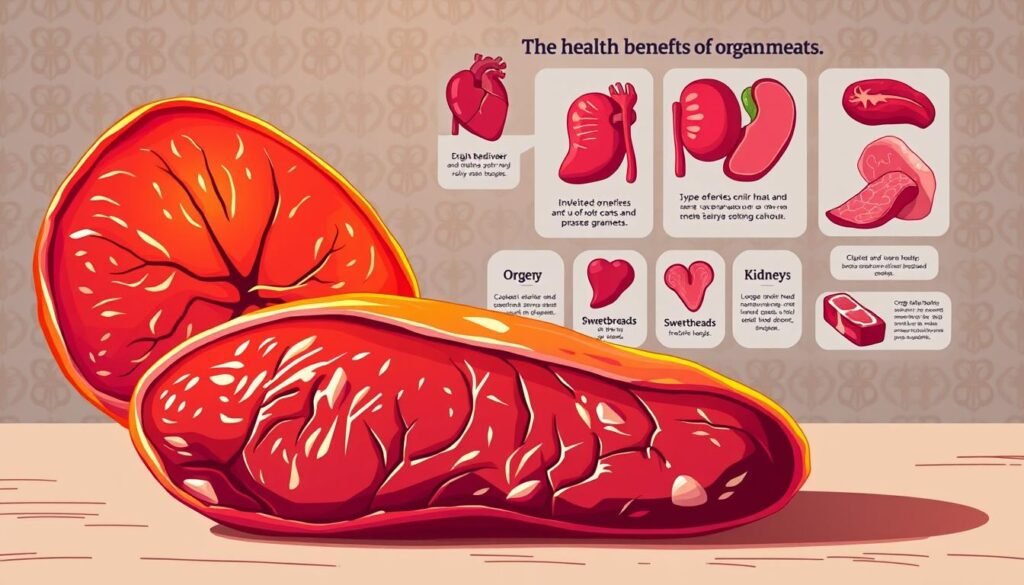 A vibrant illustration showcasing the health benefits of organ meats. In the foreground, a detailed cross-section of a liver, its rich crimson hues and intricate structure illuminated by warm, natural lighting. In the middle ground, a collage of organ meat icons, including heart, kidney, and sweetbreads, each with informative labels highlighting their nutritional profiles. The background features a subtly patterned backdrop, perhaps evoking the textures of various organ tissues, complementing the overall scientific yet visually engaging composition. The overall mood is one of informative discovery, inviting the viewer to explore the underappreciated nutritional value of these nutrient-dense foods.