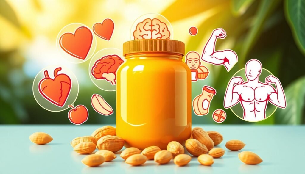 A vibrant illustration showcasing the health benefits of peanut butter. In the foreground, a jar of creamy peanut butter, its golden contents gleaming under warm, natural lighting. Surrounding it, a collage of nutrient-dense icons: a heart for cardiovascular health, a brain for cognitive function, and a set of muscles for strength and energy. In the middle ground, a scattering of peanuts, their shells cracked open to reveal the nourishing kernels within. The background features a serene, leafy backdrop, hinting at the wholesome, earthy goodness of this versatile superfood. The overall mood is one of wellness, vitality, and the power of natural, unprocessed ingredients.