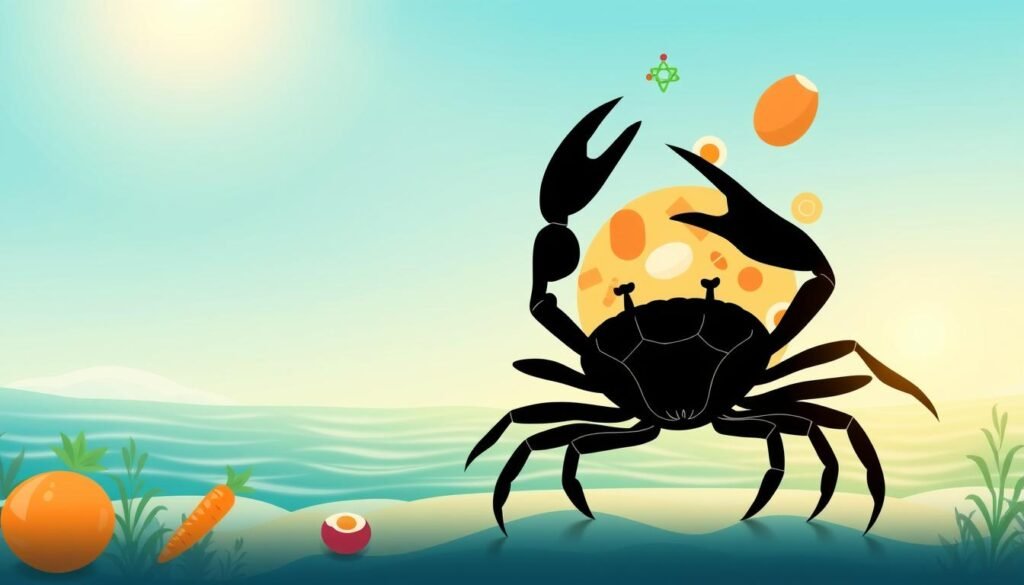 A vibrant illustration showcasing the nutritional benefits of crab. In the foreground, a lively crab silhouette stands prominently, its legs outstretched. Surrounding it, a collage of nutritional icons - a shiny iron atom, a vitamin-rich carrot, a protein-packed egg. In the middle ground, a gradient backdrop in soothing shades of blue and green, evoking the marine habitat. Subtle lighting from the upper left casts a warm glow, highlighting the crab's intricate form. In the background, a softly blurred seascape, with gentle waves and distant aquatic flora. The overall composition conveys the crab's vital role in a balanced, healthy diet, inviting the viewer to discover its nutritional universe.