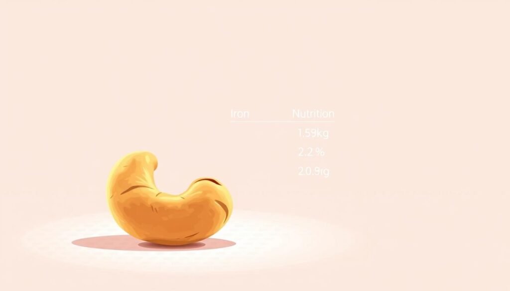 A vibrant, minimalist illustration showcasing the key nutrition facts of cashews, with a focus on their iron content. In the foreground, a detailed, high-resolution cashew nut takes center stage, illuminated by soft, directional lighting that accentuates its rich, warm tones and natural textures. The middle ground features a clean, modern layout of numerical nutrition data, presented in a clear, easy-to-read format using a simple, sans-serif typeface. The background is a subtly-patterned, neutral-toned surface, providing a clean, uncluttered canvas to highlight the subject matter. The overall composition conveys a sense of informative clarity and visual balance, inviting the viewer to explore the nutritional profile of this versatile, iron-rich tree nut.