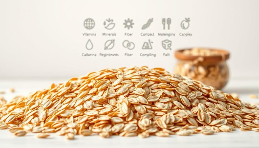 A vibrant still life capturing the nutritional benefits of oats. In the foreground, a pile of golden oat grains spills across the frame, their grooved surfaces catching the soft, natural light. In the middle ground, a variety of icons and illustrations depict the key nutrients found in oats - vitamins, minerals, fiber, and complex carbohydrates. The background features a clean, minimalist backdrop, allowing the focus to remain on the oats and their health-promoting properties. The overall composition conveys a sense of wholesome simplicity, highlighting the inherent nutritional value of this humble grain.