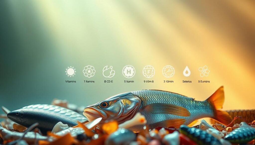 A vibrant still life composition capturing the key vitamins and minerals found in perch. In the foreground, a variety of fish scales, bones, and fins in shimmering metallic hues. In the middle ground, various nutrient icons - icons for vitamins A, B, C, D, and E, as well as icons for essential minerals like iron, zinc, and selenium. The background is a soft, diffused gradient evoking an underwater atmosphere, with gentle lighting from above casting warm, natural shadows. The overall mood is one of scientific curiosity and the nutritional richness of this freshwater fish.