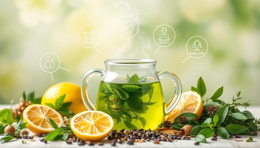 A vibrant still life of various green tea ingredients and health benefits icons. In the foreground, a glass teapot filled with steaming green tea, surrounded by a selection of fresh green tea leaves, aromatic herbs, and sliced lemon. In the middle ground, floating icons representing the key health advantages of green tea, such as antioxidants, metabolism boost, and immune system support. The background features a soft, ethereal gradient of soothing green and white tones, creating a serene, natural atmosphere. Soft, diffused lighting illuminates the scene, highlighting the vibrant colors and textures. The overall composition conveys the wellness and vitality associated with the health benefits of bottled green tea.