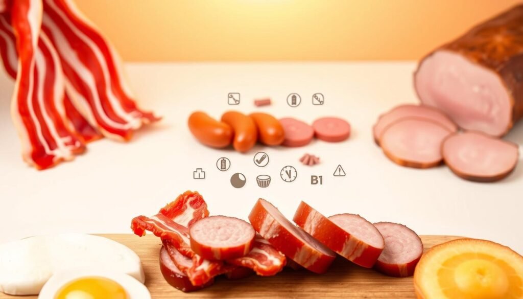 A vibrant still life scene depicting the nutritional benefits of various breakfast meats. In the foreground, slices of crisp bacon, savory sausage links, and juicy ham are arranged artfully, highlighting their rich colors and textures. The middle ground features a scatter of nutrient-dense icons, such as protein, iron, and vitamin B12 symbols, visually conveying the health properties of these breakfast staples. The background is a clean, minimalist setting, allowing the star ingredients to shine. Soft, warm lighting casts a subtle glow, creating an inviting and appetizing atmosphere. The overall composition is balanced and visually appealing, making it an ideal illustration for the "Understanding What Makes a Healthy Breakfast Meat" section.