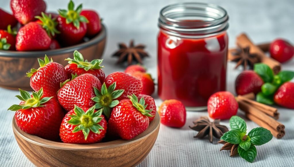A vibrant still life showcasing the key ingredients for healthy strawberry jam. In the foreground, ripe, juicy strawberries in a rustic wooden bowl, their crimson hues glistening under soft, natural lighting. In the middle ground, a glass jar filled with the luscious jam, its contents reflecting the vibrant colors of the berries. In the background, a scattering of whole cinnamon sticks, star anise, and a sprig of fresh mint, hinting at the natural sweetness and aromatics that elevate this homemade preserve. The composition is set against a neutral, textured backdrop, allowing the ingredients to take center stage and convey the purity and simplicity of this nourishing treat.
