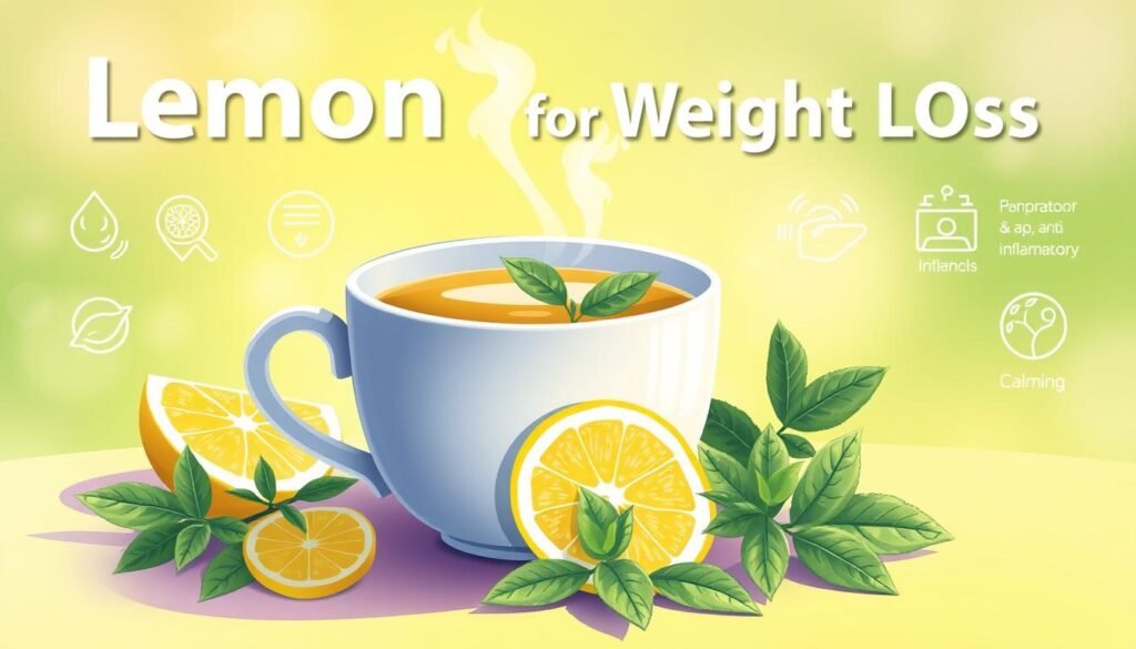 A vibrant, stylized illustration showcasing the health benefits of lemon balm tea for weight loss. In the foreground, a steaming cup of fragrant lemon balm tea takes center stage, surrounded by delicate lemon balm leaves and lemon slices. The middle ground features icons and graphics representing the key properties of lemon balm, such as its antioxidant, anti-inflammatory, and calming effects. The background has a soft, hazy gradient in soothing green and yellow tones, evoking a sense of natural wellness. The overall composition is clean, well-balanced, and visually appealing, perfectly capturing the essence of lemon balm tea's weight loss benefits.