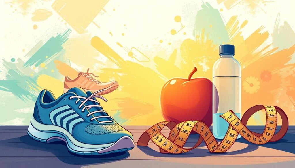 A vibrant, uplifting illustration depicting the journey of weight loss success. In the foreground, a collection of dynamic icons representing healthy habits - running shoes, an apple, a water bottle, and a tape measure symbolizing progress. In the middle ground, a colorful abstract background with energetic brush strokes, hinting at the transformative power of determination. The lighting is warm and inviting, casting a hopeful glow. The overall mood is one of positivity, inspiration, and the triumph of personal achievement, perfectly capturing the essence of "Inspiring Success Stories and Real-Life Testimonials".