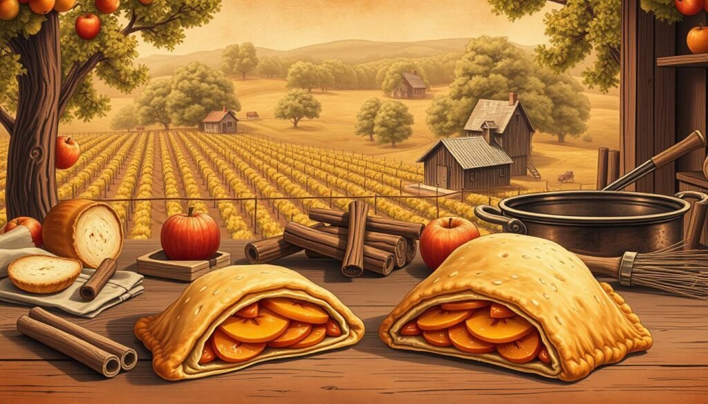 A vintage illustration depicting the historical evolution of the beloved apple turnover. In the foreground, an antique pastry display showcases the time-honored recipe, complete with a golden, flaky crust and a tantalizing apple filling. In the middle ground, an array of baking tools and ingredients, such as rolling pins, cinnamon sticks, and traditional copper pans, highlight the traditional craftsmanship. The background features a tapestry of apple orchards, with lush, verdant trees and weathered farmhouses, evoking the pastoral origins of this timeless treat. The overall scene is bathed in a warm, sepia-toned lighting, creating an atmosphere of nostalgic charm and culinary heritage.