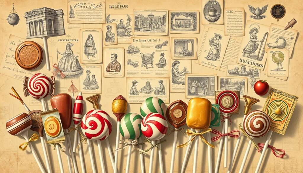 A vintage-inspired illustration depicting the historical origins of the beloved lollipop. In the foreground, a whimsical assortment of classic lollipop shapes and flavors, each wrapped in intricate, old-world packaging. In the middle ground, a series of vignettes showcasing the evolution of the lollipop, from its ancient confectionary roots to its modern-day popularity. The background features a collage of historical artifacts, documents, and illustrations that shed light on the surprising and captivating history of this iconic sweet treat. Rendered in a nostalgic, sepia-toned palette with soft, warm lighting that evokes a sense of timeless charm.