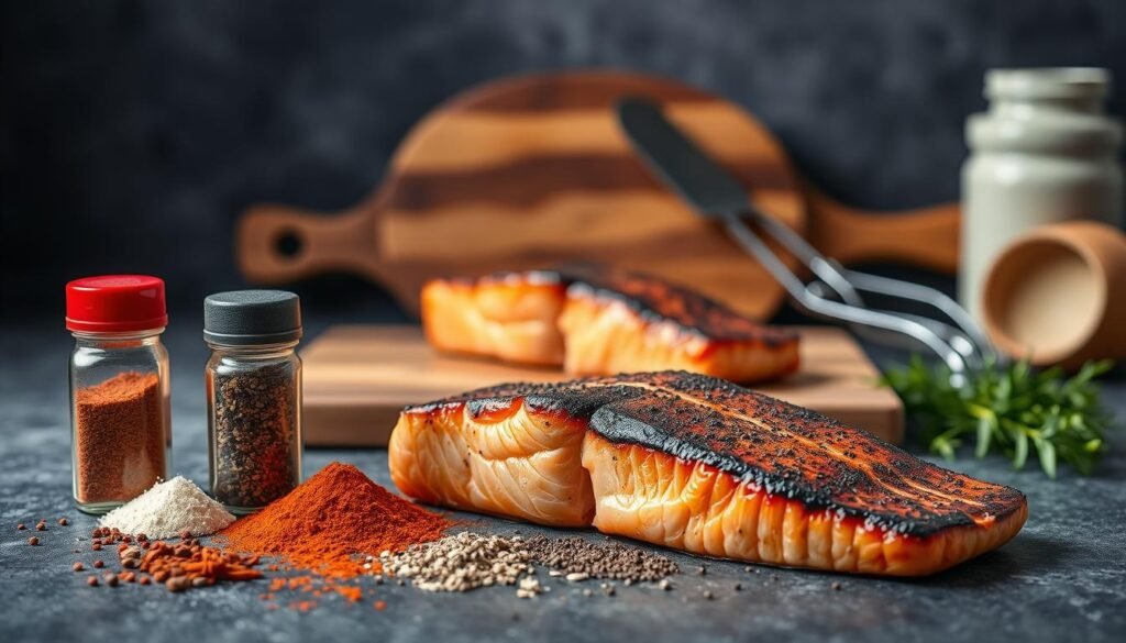 A visually appealing still life arrangement showcasing the key ingredients for perfect blackened salmon. In the foreground, arrange a selection of spices, including paprika, cayenne pepper, garlic powder, and black pepper. Behind them, place a fillet of fresh salmon, its skin seared to a deep, charred hue. In the middle ground, add a wooden cutting board and a set of cooking utensils, such as a spatula and tongs. In the background, create a moody, atmospheric setting with soft, dramatic lighting, casting shadows and highlights across the scene. The overall composition should convey the rustic, flavorful essence of the blackened salmon dish.