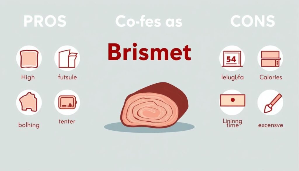A well-lit, detailed illustration depicting the pros and cons of brisket in a clean, minimalist style. In the foreground, icons representing the positive attributes - high protein, tender texture, rich flavor. In the middle ground, a cross-section of a brisket cut, highlighting its marbling and layered structure. In the background, icons conveying the potential downsides - high fat and calorie content, lengthy cooking time, expense. The composition should balance these contrasting elements, creating a visually striking and informative image that effectively communicates the nuanced nature of brisket's nutritional profile.