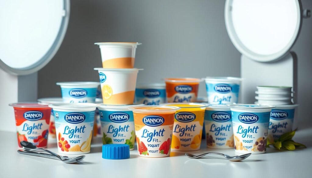 A well-lit, high-quality still life composition showcasing the various product varieties of Dannon Light & Fit yogurt. Arrange the yogurt cups, lids, and spoons in a visually appealing arrangement, emphasizing the product range and highlighting the different flavors and textures. Use a soft, diffused lighting setup to create a clean, appetizing atmosphere. Capture the scene from a slightly elevated angle to provide an overhead view, allowing the audience to clearly see the diverse collection of Light & Fit yogurt options. Convey a sense of freshness, health, and vibrant color through the careful selection and placement of the yogurt containers.