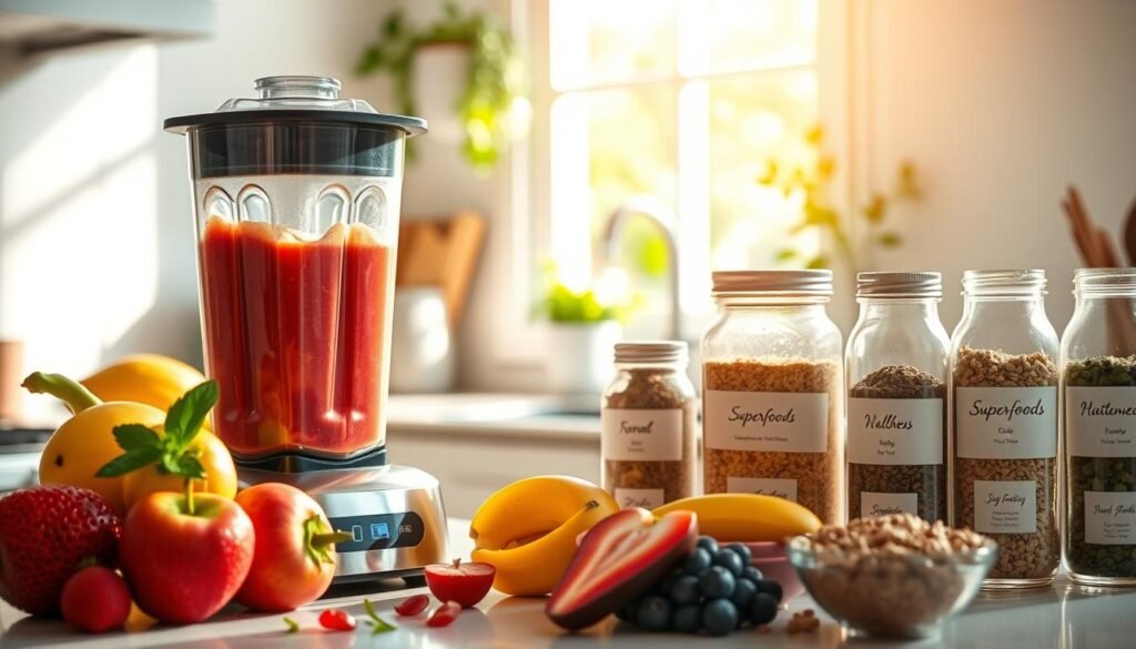 A well-lit kitchen counter with a blender, fresh fruits, and wellness ingredients neatly arranged. The blender's blades whir, blending the vibrant mixture into a smooth, frothy consistency. Sunlight filters through a nearby window, casting a warm glow over the scene. Glass jars filled with superfoods and herbs stand ready, their labels clearly visible. The overall mood is one of healthy, homemade indulgence, inviting the viewer to imagine the satisfying and nutritious result.