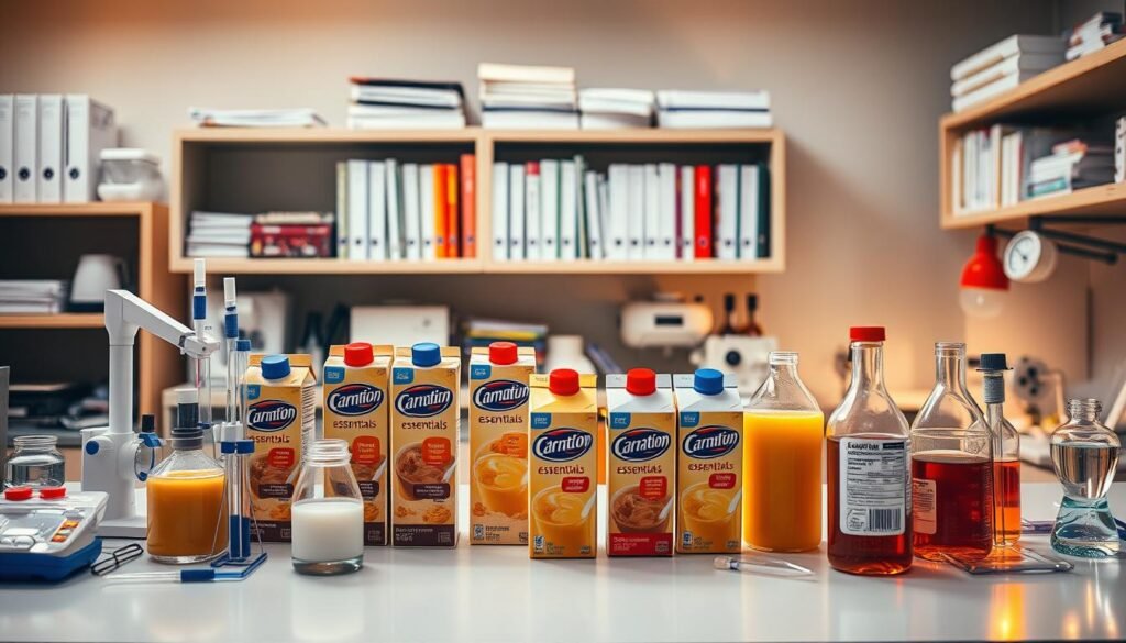 A well-lit laboratory setting with an assortment of scientific equipment and glassware. On a central workbench, various breakfast drink containers, including Carnation Essentials, are arranged neatly. Pipettes, beakers, and spectroscopic instruments surround the samples, suggesting an in-depth analysis of their nutritional content and additive composition. The lighting is warm and inviting, creating a professional yet approachable atmosphere. The background features shelves of reference materials and scientific journals, hinting at the thorough, research-driven nature of the investigation. The overall scene conveys a sense of careful, meticulous examination to determine the true healthiness of the Carnation Breakfast Essentials.