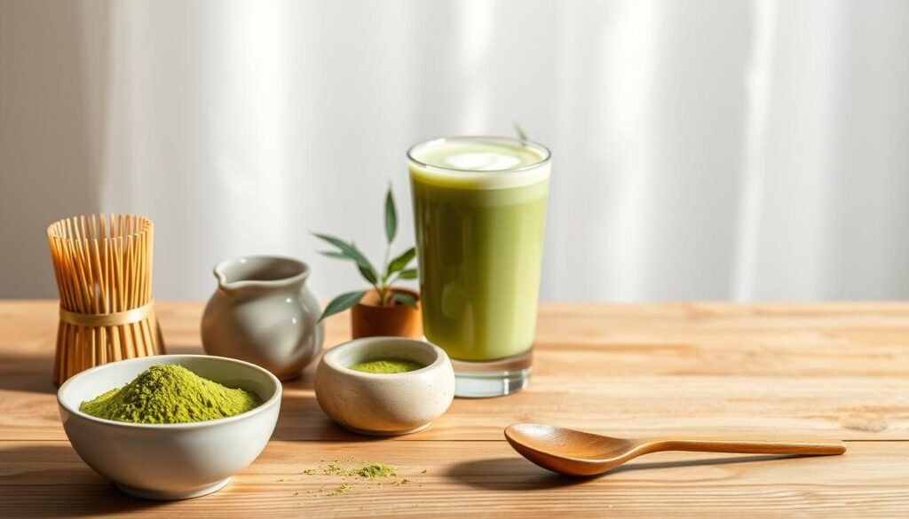 An elegant still life of matcha latte ingredients arranged on a wooden table. In the foreground, a ceramic matcha bowl filled with vibrant green powder sits next to a bamboo whisk and a small ceramic pitcher. In the middle ground, a glass of steaming matcha latte with a dollop of foamed milk takes center stage, surrounded by a wooden spoon and a small bamboo plant. The background features a soft, hazy blur of natural light, conveying a calming, minimalist atmosphere. The lighting is soft and diffused, creating gentle shadows and highlights that accentuate the natural textures of the materials. The overall composition is balanced and visually appealing, capturing the essence of a matcha latte preparation.