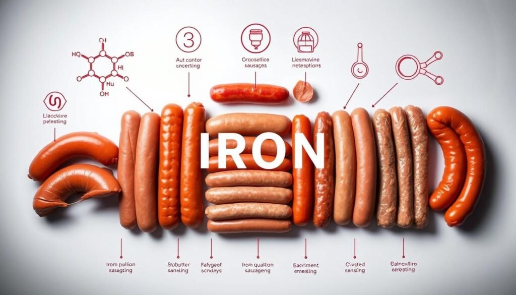 An expertly photographed still life showcasing a meticulously arranged comparison of various sausage links, highlighting their distinctive iron content. The centerpiece features a selection of high-quality sausages arranged in a visually appealing grid, bathed in warm, directional lighting that accentuates their rich colors and textures. Surrounding the sausages are scientifically accurate icons and illustrations that convey the key facts about iron levels, such as molecular diagrams, measuring spoons, and subtle infographic elements. The overall composition is clean, balanced, and designed to captivate the viewer's attention, inviting them to closely examine the sausages and the associated data.