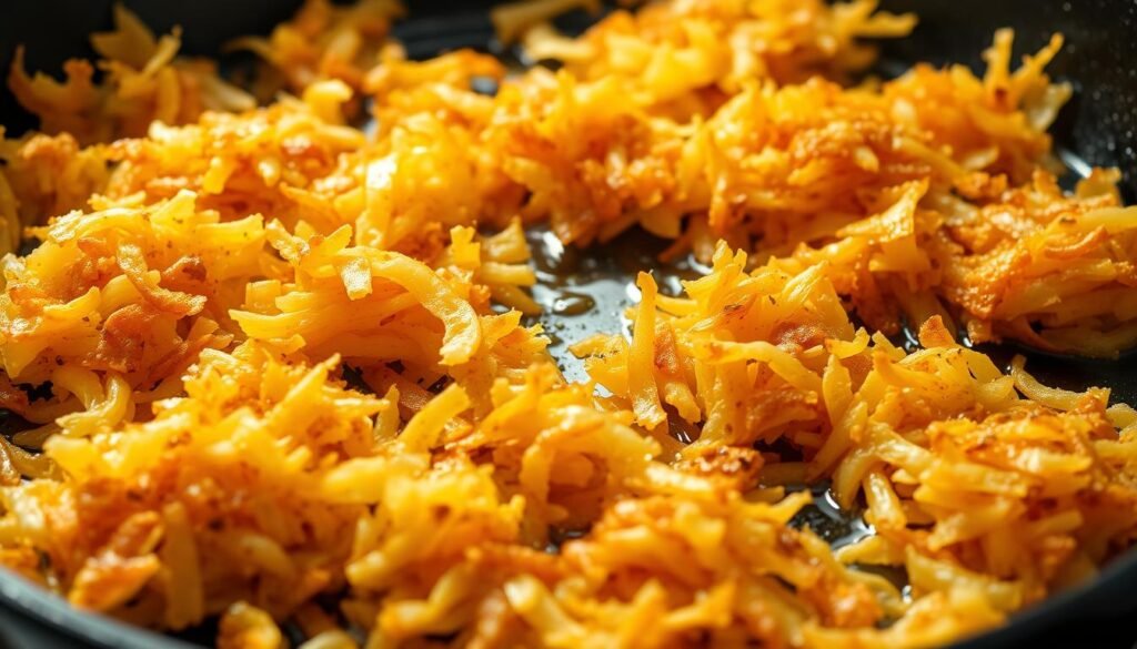 Crisp, golden brown hashbrowns sizzling in a cast-iron skillet, their shredded potato edges crisped to perfection under warm, soft centers. A thin layer of olive oil glistens across the surface, casting a soft luminous glow. The hashbrowns are arranged in an appetizing pattern, with edges slightly curled and irregular shapes that hint at homemade preparation. The scene is lit from above with soft, diffused natural lighting, casting subtle shadows that accentuate the dimensional texture. The overall mood is one of rustic comfort and culinary delight, inviting the viewer to imagine the savory aroma and satisfying crunch of these perfectly cooked hashbrowns.