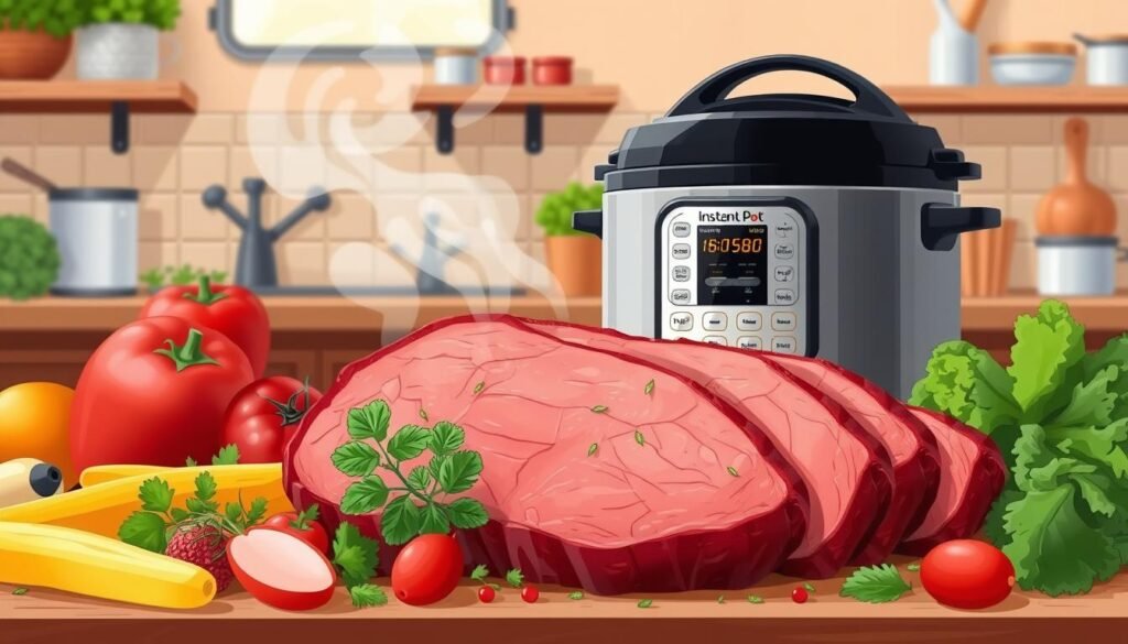 Detailed, appetizing illustration of healthier brisket cooking methods. A large, juicy brisket cut sits in the foreground, surrounded by an assortment of fresh vegetables, herbs, and spices. In the middle ground, a slow cooker or Instant Pot simmers gently, emitting steam. The background features a warm, rustic kitchen setting with wooden countertops and shelves stocked with cooking utensils. Soft, natural lighting creates a cozy, inviting atmosphere. The overall scene conveys the nutritious, flavorful benefits of slow-cooking brisket using modern, healthier techniques.