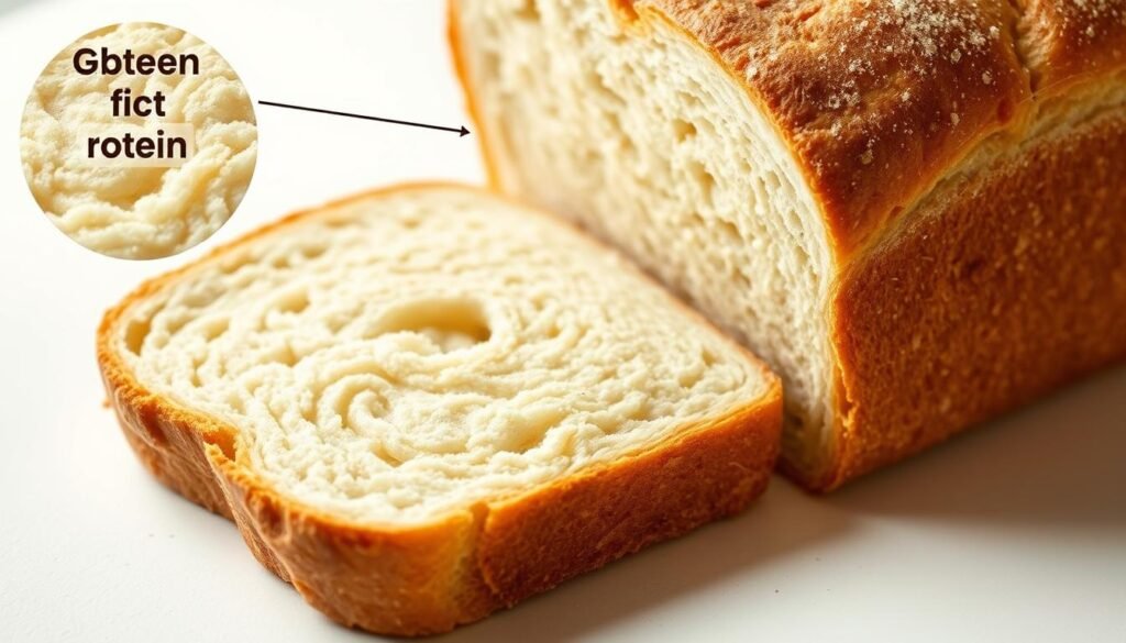 Detailed cross-section illustration of a freshly baked sourdough bread slice, showcasing the internal protein content. Crisp, golden-brown crust with a soft, airy crumb. Magnified view reveals the protein-rich gluten strands interwoven throughout the bread's interior. Warm, natural lighting casts soft shadows, emphasizing the bread's texture and structure. Camera angle tilted slightly to provide a visually engaging perspective. Minimal background, focusing solely on the nutritional comparison of the sourdough bread's protein content.