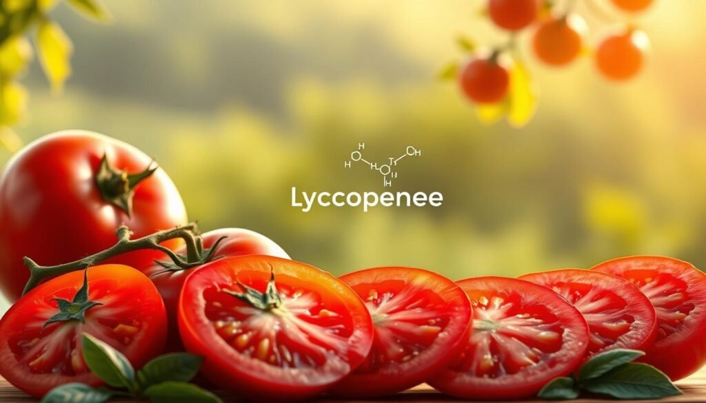Detailed illustration of lycopene benefits, featuring vibrant red tomatoes, sliced and arranged in the foreground. In the middle ground, a molecular diagram of the lycopene compound, highlighted with its chemical structure and antioxidant properties. The background showcases a serene, natural setting with lush greenery, creating a harmonious and informative visual representation. Warm, diffused lighting enhances the overall aesthetic, capturing the essence of the topic. Rendered in a clean, minimalist style to focus attention on the key elements.