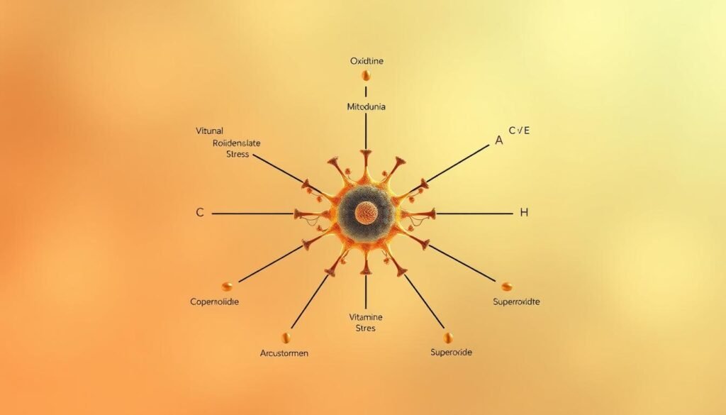 Detailed illustration of oxidative stress reduction in the human body. A centered diagram depicting mitochondria as the core, surrounded by a network of antioxidant molecules like vitamins C and E, and enzymes like superoxide dismutase. The background features a soft, gradient wash of warm, earthy tones to convey a sense of wellness and balance. The lighting is soft and diffused, creating a subtle three-dimensional effect. The overall composition is clean, precise, and evenly balanced, guiding the viewer's eye towards the central mitochondria and the protective antioxidant systems.