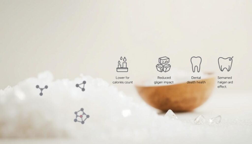 Detailed illustration of sugar alcohols, their benefits, and potential side effects. Foreground features various sugar alcohol crystals and molecular structures in soft focus. Midground showcases icons representing health benefits like lower calorie count, reduced glycemic impact, and dental health. Background blurs into a neutral, minimalist setting with light, airy tones. Lighting is soft and diffuse, creating a clean, scientific aesthetic. Camera angle is positioned to highlight the subject matter, with a slightly elevated perspective to convey a sense of authority and expertise. The overall mood is informative and educational, reflecting the informative nature of the article section.