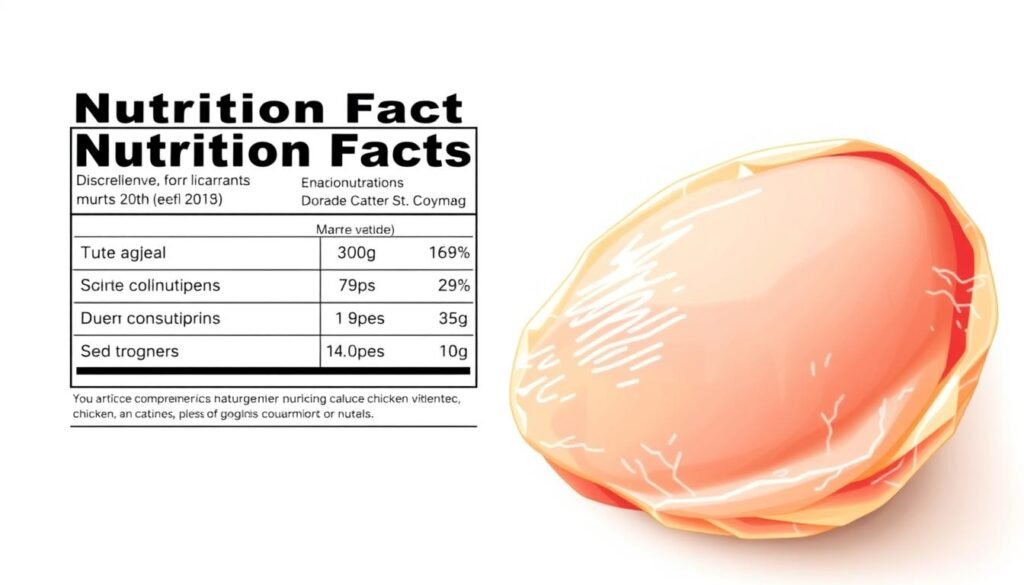 Detailed illustration of the comprehensive nutrition facts for chicken with rib meat, showcasing a clean and informative visual display. A crisp, high-quality image with a neutral background, featuring a close-up view of the meat cut and a clear, legible nutrition label. Rendered in a realistic, photographic style with warm, natural lighting to highlight the texture and color of the chicken. Emphasize the key nutritional values, macronutrients, and micronutrients in an organized, easy-to-read format. Convey a sense of clarity and objectivity to support the informative nature of the article section.