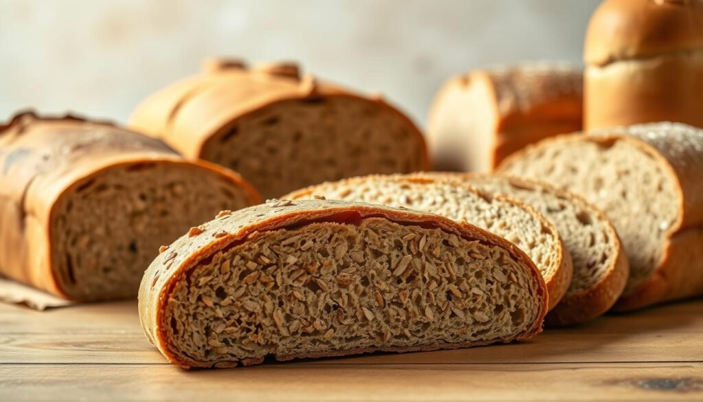Detailed illustration of various whole grain breads, including rye, pumpernickel, and whole wheat, arranged on a wooden surface. Soft, natural lighting creates a warm, inviting atmosphere, highlighting the texture and color variations of the different bread types. In the foreground, a slice of high-fiber bread is prominently displayed, showcasing its dense, grainy structure. The middle ground features additional loaves and slices, conveying the abundance and diversity of high-fiber bread options. The background subtly blends into a neutral, earthy tone, allowing the focus to remain on the bread itself and its inherent health benefits.