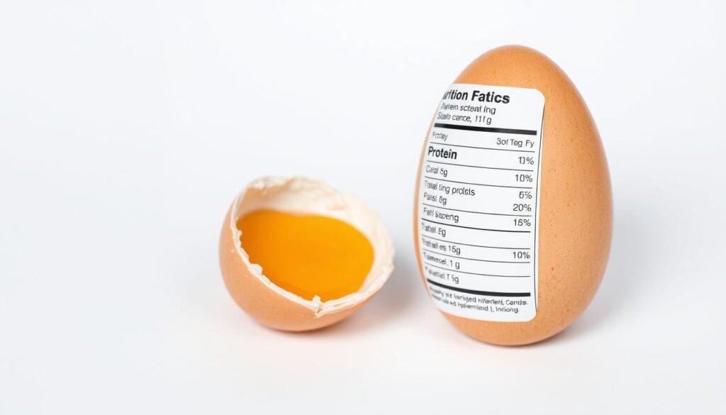 Detailed nutritional information of a fresh, organic egg on a clean, minimalist background. The egg is shown in a close-up, high-resolution view, highlighting its natural texture and colors. The label displays key nutrition facts such as protein content, vitamins, and minerals in a clear, easy-to-read layout. The overall composition conveys a sense of simplicity, clarity, and scientific accuracy, suitable for an informative article on egg protein and nutrition.