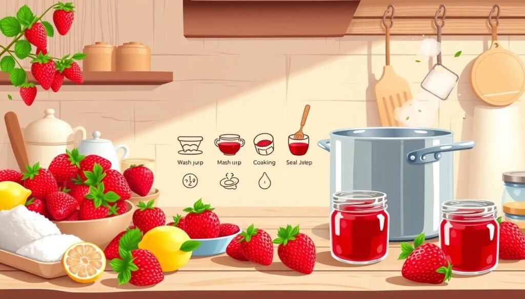 Detailed step-by-step illustration of a homemade strawberry jam recipe. In the foreground, various cooking utensils and ingredients such as fresh strawberries, sugar, lemon juice, and a saucepan. In the middle ground, a series of step-by-step icons depicting the jam-making process - washing the berries, mashing, cooking, jarring, and sealing. The background has a soft, rustic kitchen setting with wooden textures and warm lighting, evoking a cozy, homemade atmosphere. The overall mood is inviting and appetizing, perfectly suited to showcase a healthy, homemade strawberry jam recipe.