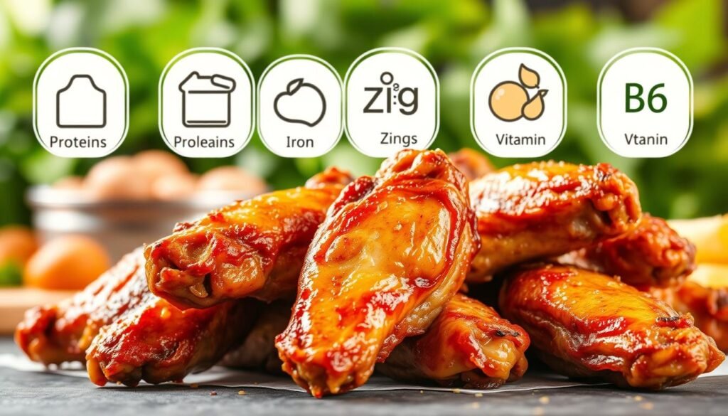 Detailed still life composition showcasing the nutritional benefits of smoked chicken wings. In the foreground, a cluster of succulent wings with a golden-brown, crispy skin. Behind them, a collection of vitamins, minerals, and nutrients commonly found in chicken meat - icons representing protein, iron, zinc, niacin, and vitamin B6. In the background, a lush, blurred greenery backdrop, suggesting a healthy, natural setting. Soft, warm lighting creates a cozy, appetizing atmosphere. The overall image conveys the wholesome, nutritious qualities of this comfort food classic.
